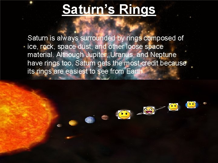 Saturn’s Rings Saturn is always surrounded by rings composed of ice, rock, space dust,