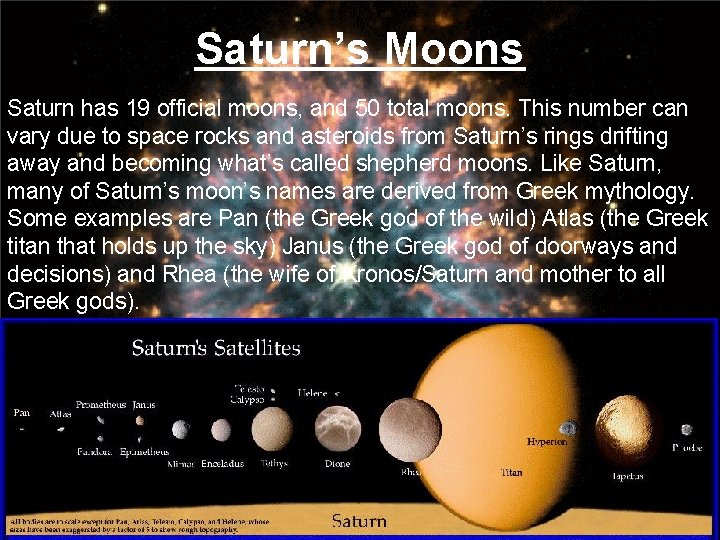Saturn’s Moons Saturn has 19 official moons, and 50 total moons. This number can