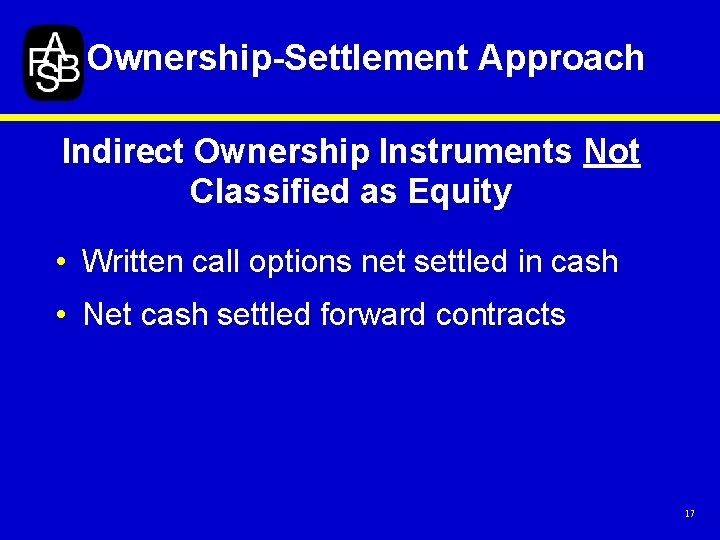 Ownership-Settlement Approach Indirect Ownership Instruments Not Classified as Equity • Written call options net