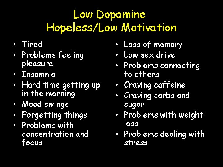 Low Dopamine Hopeless/Low Motivation • Tired • Problems feeling pleasure • Insomnia • Hard