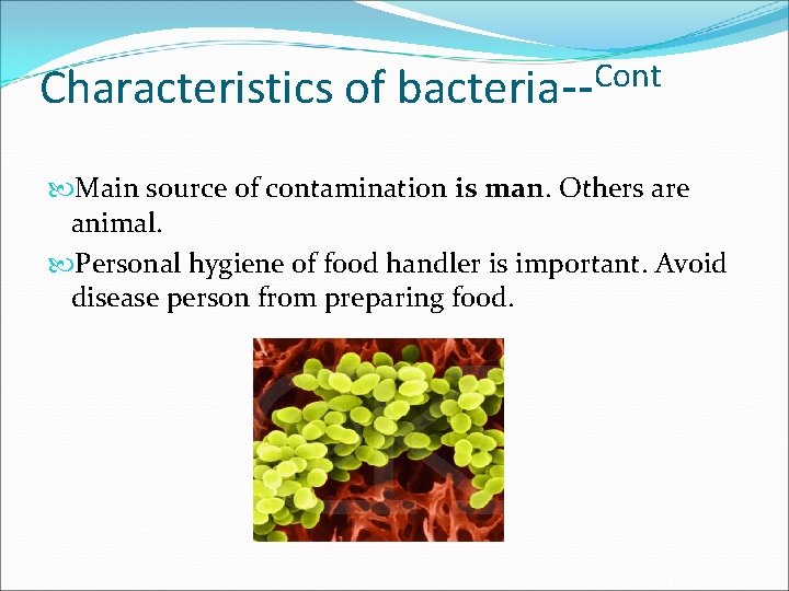Characteristics of Cont bacteria-- Main source of contamination is man. Others are animal. Personal