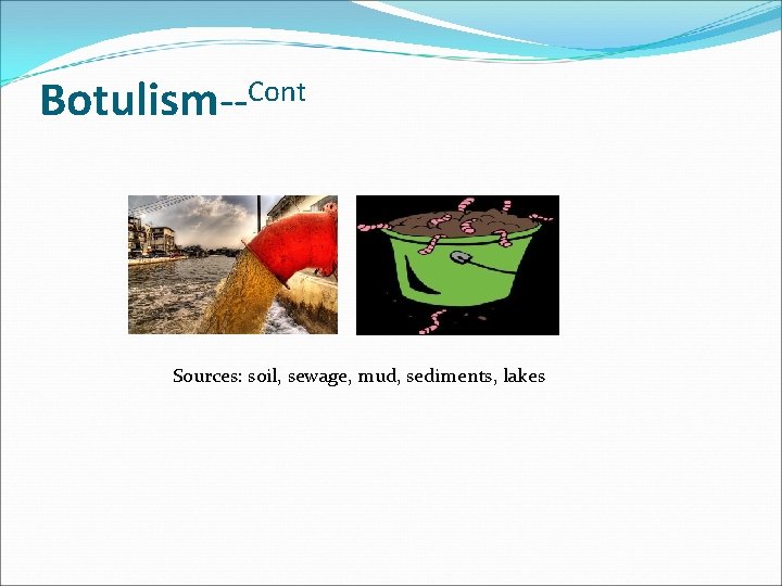 Botulism--Cont Sources: soil, sewage, mud, sediments, lakes 