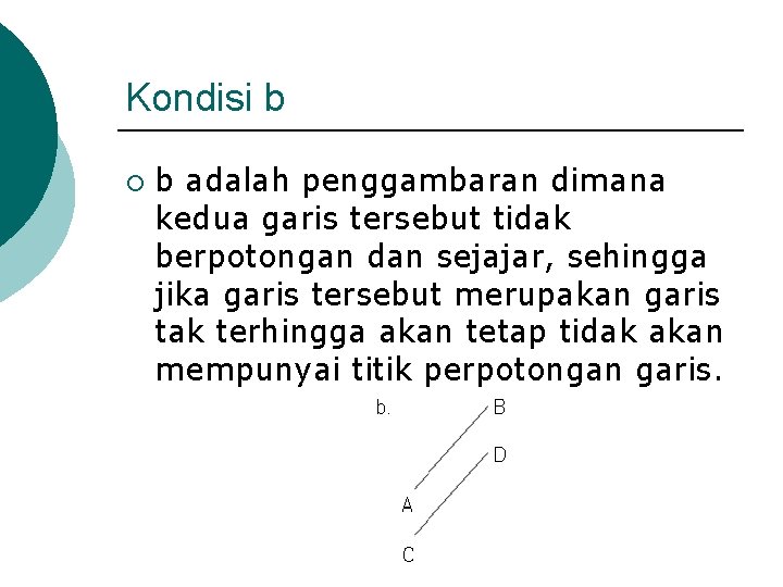 Kondisi b ¡ b adalah penggambaran dimana kedua garis tersebut tidak berpotongan dan sejajar,