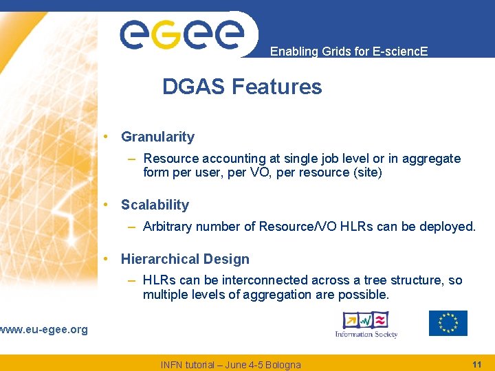 Enabling Grids for E-scienc. E DGAS Features • Granularity – Resource accounting at single