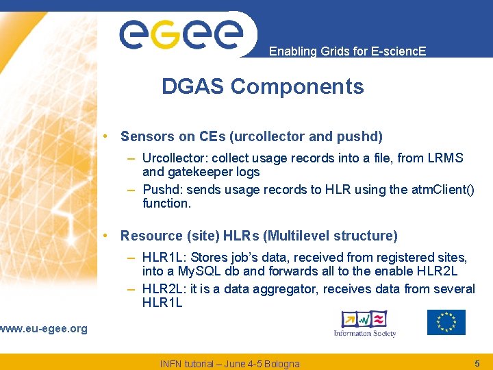Enabling Grids for E-scienc. E DGAS Components • Sensors on CEs (urcollector and pushd)