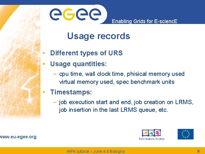 Enabling Grids for E-scienc. E Usage records • Different types of URS • Usage