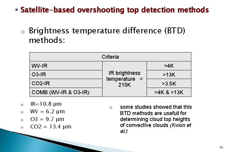 § Satellite-based overshooting top detection methods o Brightness temperature difference (BTD) methods: Criteria WV-IR