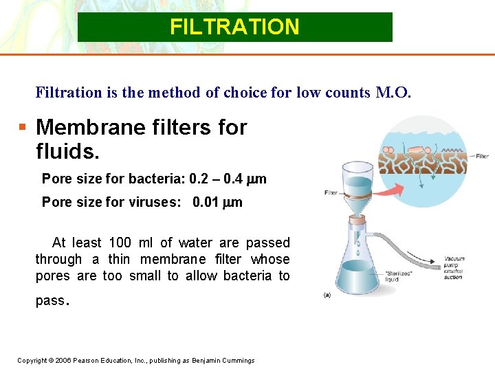 FILTRATION Filtration is the method of choice for low counts M. O. § Membrane