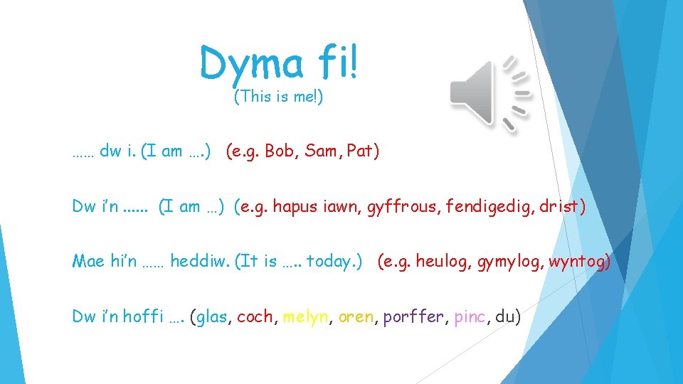 Dyma fi! (This is me!) …… dw i. (I am …. ) (e. g.