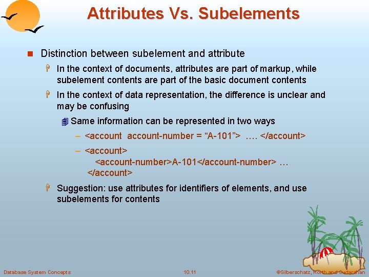 Attributes Vs. Subelements n Distinction between subelement and attribute H In the context of