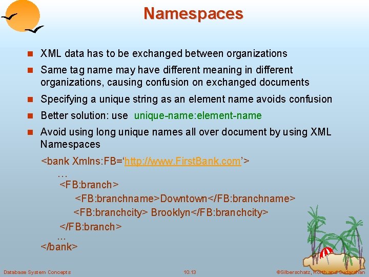 Namespaces n XML data has to be exchanged between organizations n Same tag name