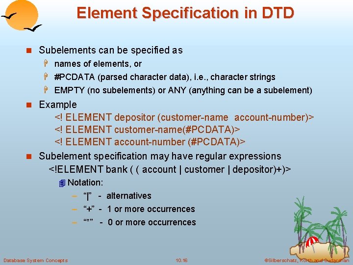 Element Specification in DTD n Subelements can be specified as H names of elements,