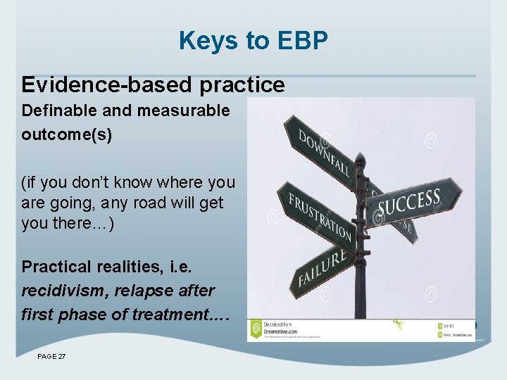 Keys to EBP Evidence-based practice Definable and measurable outcome(s) (if you don’t know where