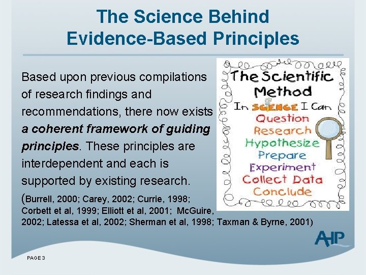 The Science Behind Evidence-Based Principles Based upon previous compilations of research findings and recommendations,