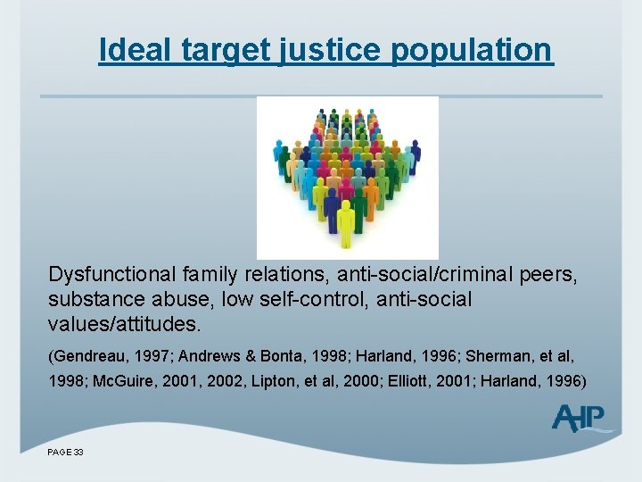 Ideal target justice population Dysfunctional family relations, anti-social/criminal peers, substance abuse, low self-control, anti-social