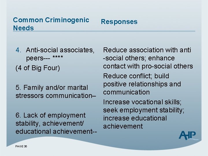 Common Criminogenic Needs 4. Anti-social associates, peers--- **** (4 of Big Four) 5. Family