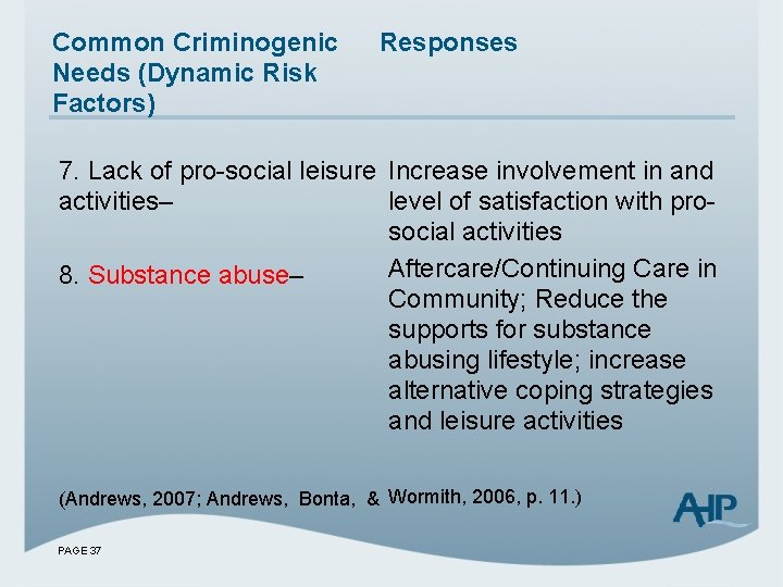 Common Criminogenic Needs (Dynamic Risk Factors) Responses 7. Lack of pro-social leisure Increase involvement