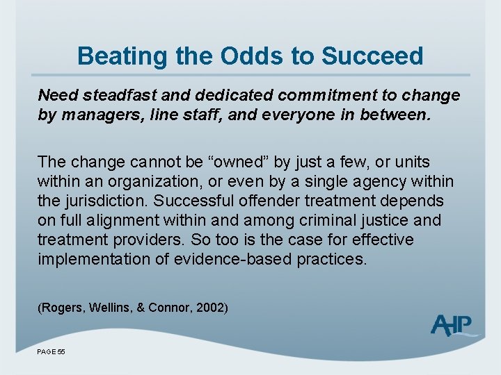 Beating the Odds to Succeed Need steadfast and dedicated commitment to change by managers,