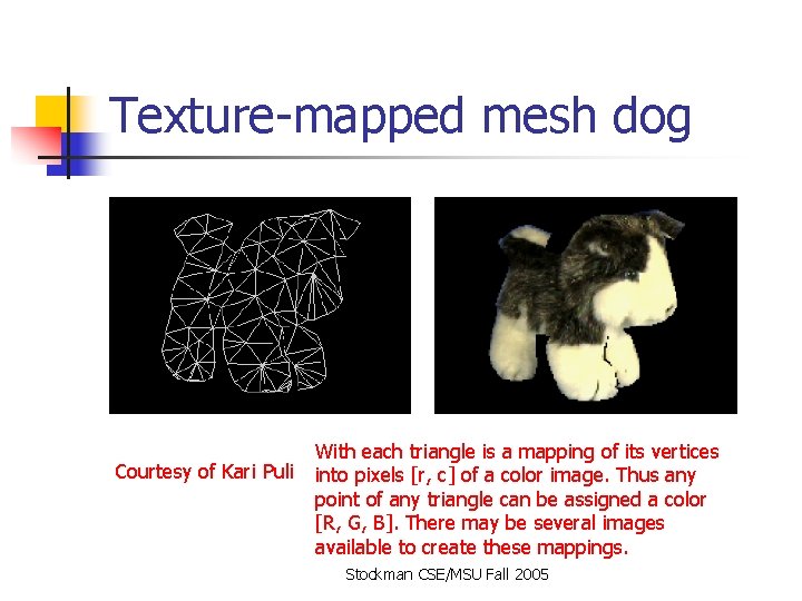 Texture-mapped mesh dog Courtesy of Kari Puli With each triangle is a mapping of