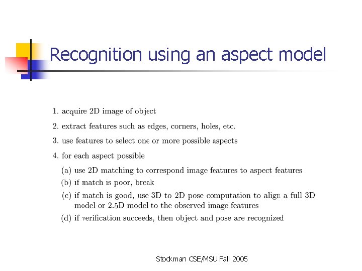 Recognition using an aspect model Stockman CSE/MSU Fall 2005 