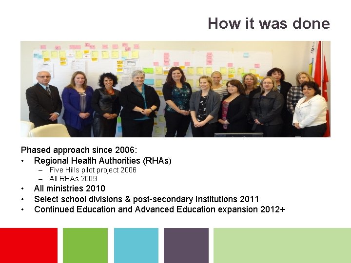 How it was done Phased approach since 2006: • Regional Health Authorities (RHAs) –