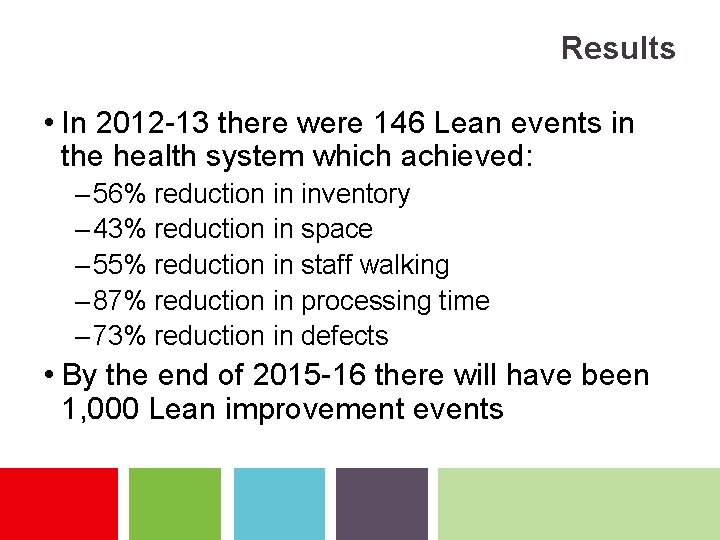 Results • In 2012 -13 there were 146 Lean events in the health system