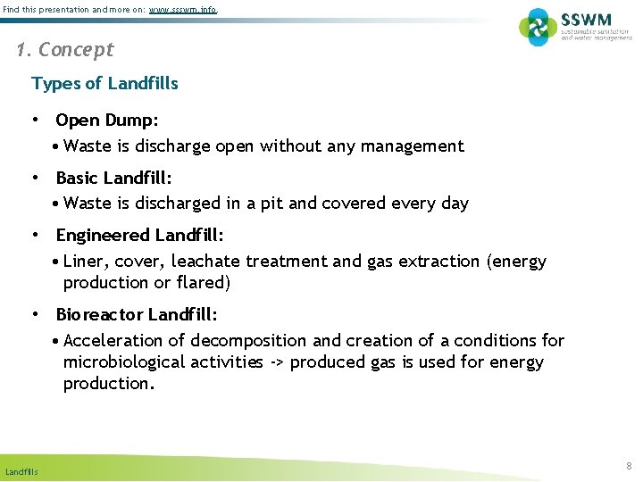 Find this presentation and more on: www. ssswm. info. 1. Concept Types of Landfills