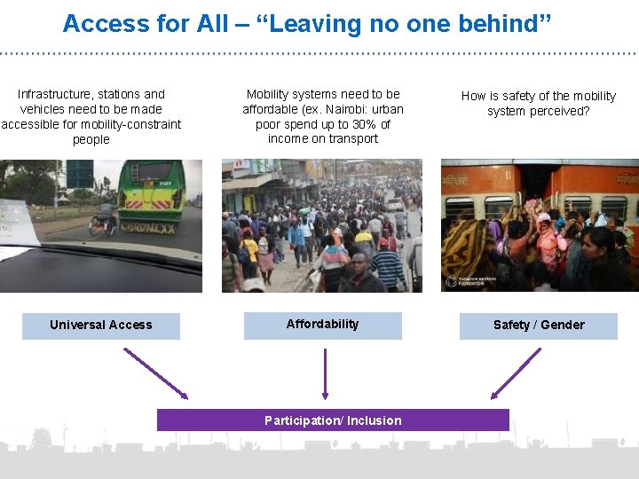 Access for All – “Leaving no one behind” Infrastructure, stations and vehicles need to