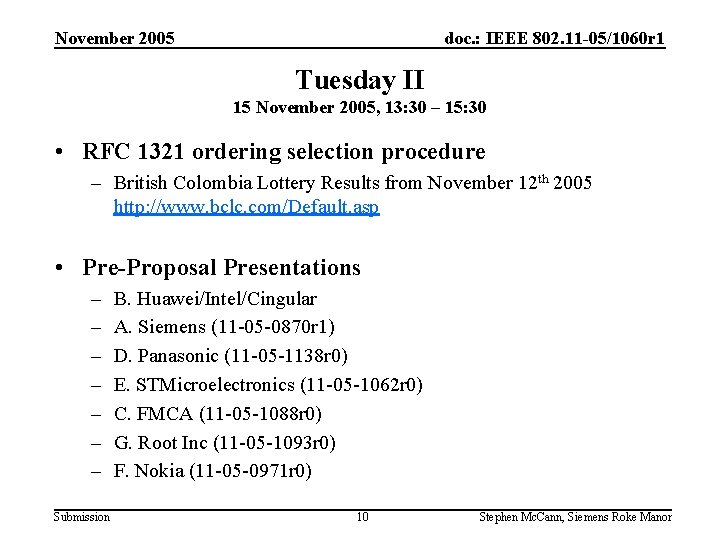 November 2005 doc. : IEEE 802. 11 -05/1060 r 1 Tuesday II 15 November