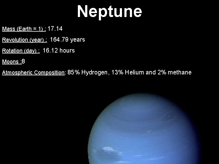 Neptune Mass (Earth = 1) : 17. 14 Revolution (year) : 164. 79 years
