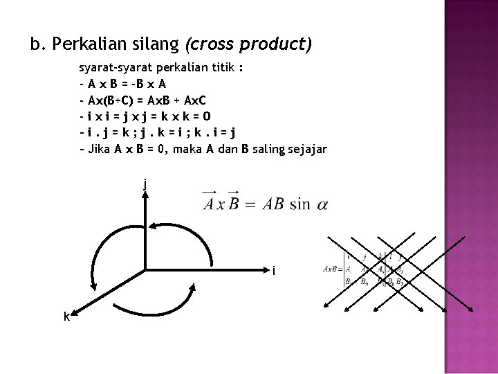 b. Perkalian silang (cross product) syarat-syarat perkalian titik : - A x B =