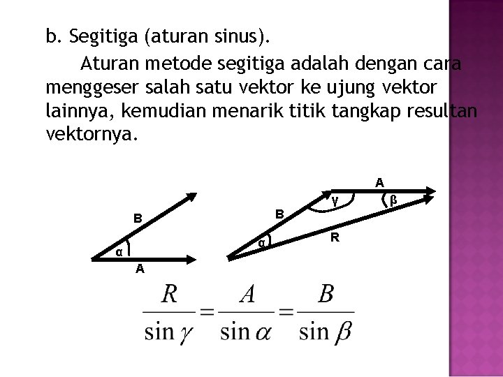 b. Segitiga (aturan sinus). Aturan metode segitiga adalah dengan cara menggeser salah satu vektor