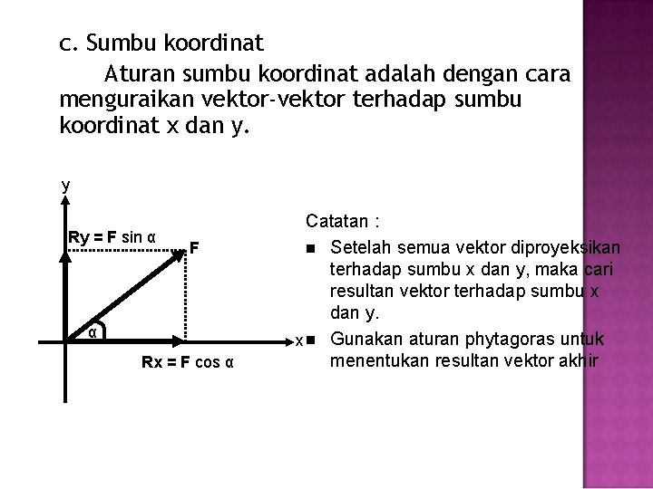 c. Sumbu koordinat Aturan sumbu koordinat adalah dengan cara menguraikan vektor-vektor terhadap sumbu koordinat