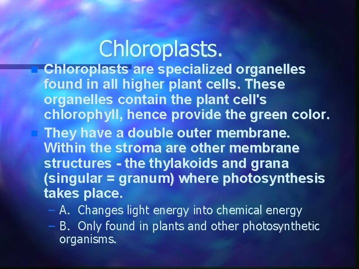 Chloroplasts. Chloroplasts are specialized organelles found in all higher plant cells. These organelles contain