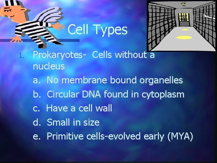 Cell Types 1. Prokaryotes- Cells without a nucleus a. No membrane bound organelles b.