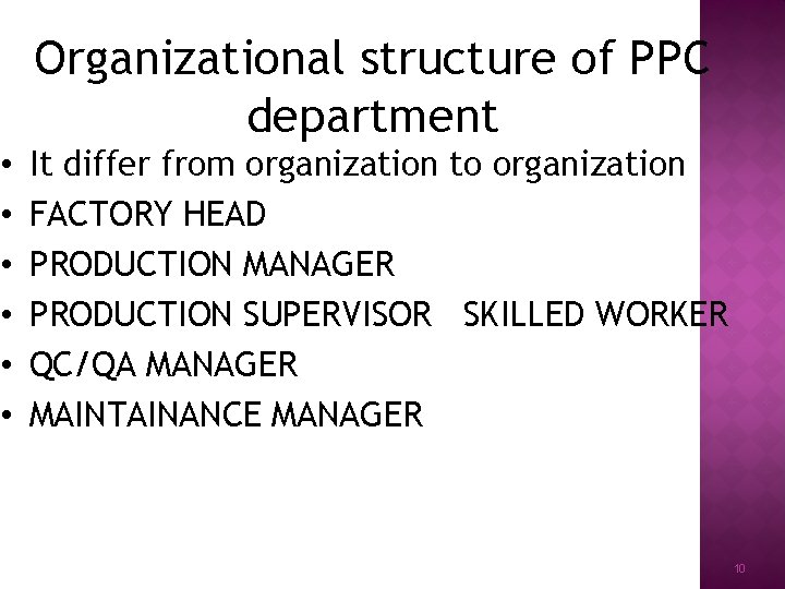  • • • Organizational structure of PPC department It differ from organization to