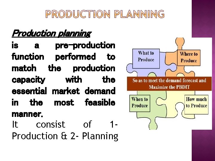 Production planning is a pre-production function performed to match the production capacity with the