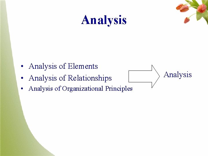Analysis • Analysis of Elements • Analysis of Relationships • Analysis of Organizational Principles