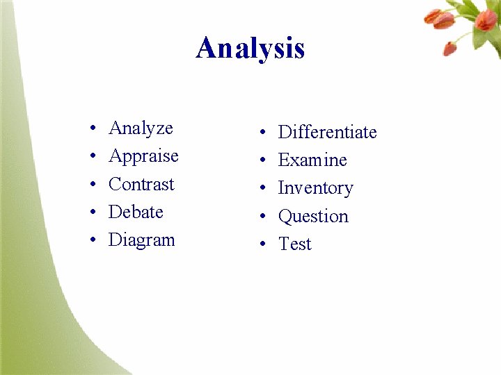 Analysis • • • Analyze Appraise Contrast Debate Diagram • • • Differentiate Examine