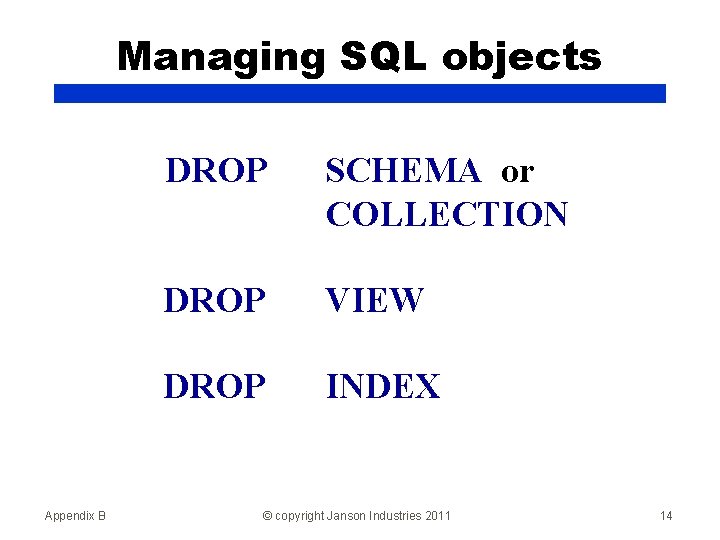 Managing SQL objects Appendix B DROP SCHEMA or COLLECTION DROP VIEW DROP INDEX ©