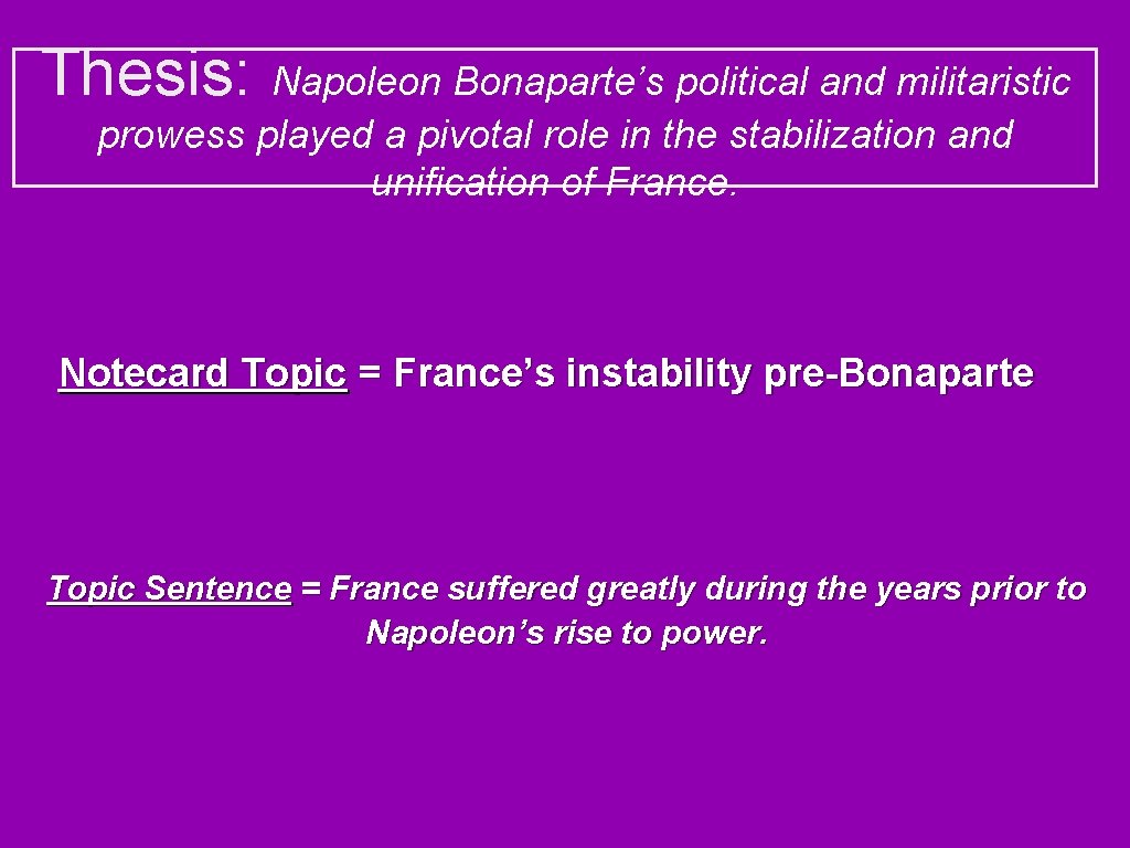 Thesis: Napoleon Bonaparte’s political and militaristic prowess played a pivotal role in the stabilization