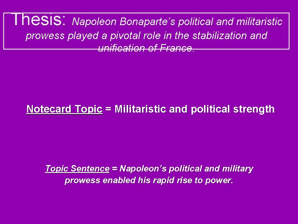 Thesis: Napoleon Bonaparte’s political and militaristic prowess played a pivotal role in the stabilization