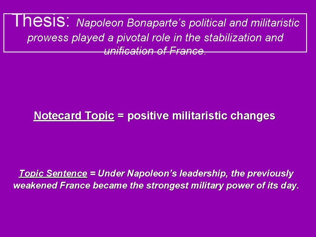 Thesis: Napoleon Bonaparte’s political and militaristic prowess played a pivotal role in the stabilization