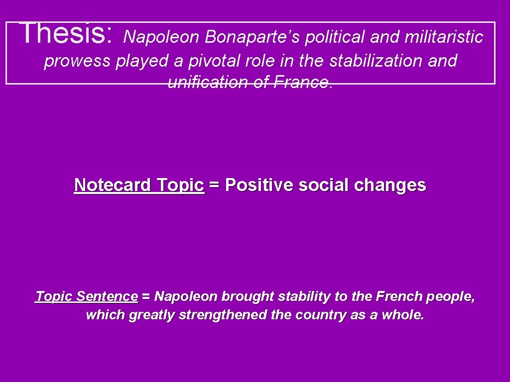 Thesis: Napoleon Bonaparte’s political and militaristic prowess played a pivotal role in the stabilization