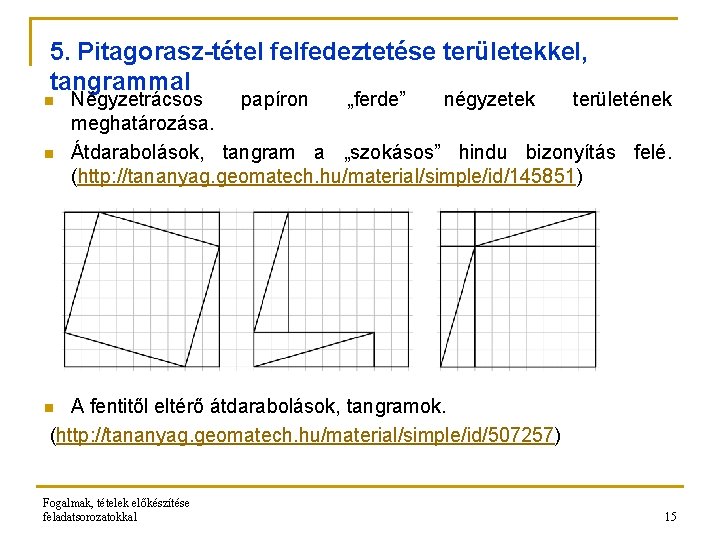5. Pitagorasz-tétel felfedeztetése területekkel, tangrammal n n Négyzetrácsos papíron „ferde” négyzetek területének meghatározása. Átdarabolások,