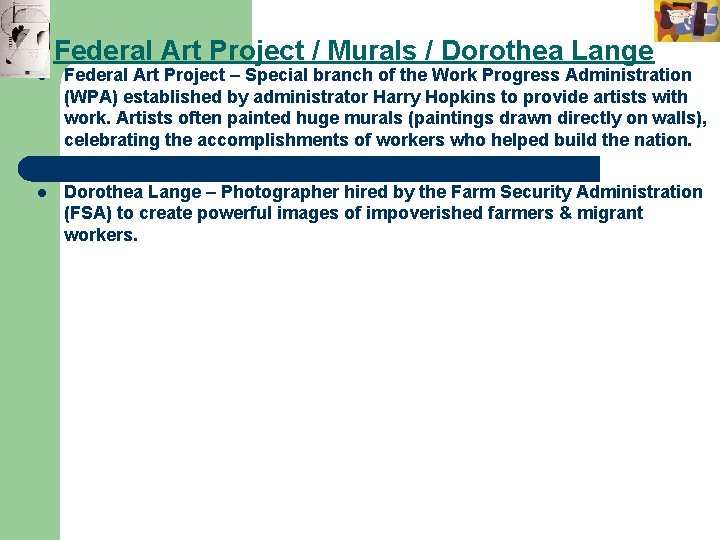 Federal Art Project / Murals / Dorothea Lange l Federal Art Project – Special