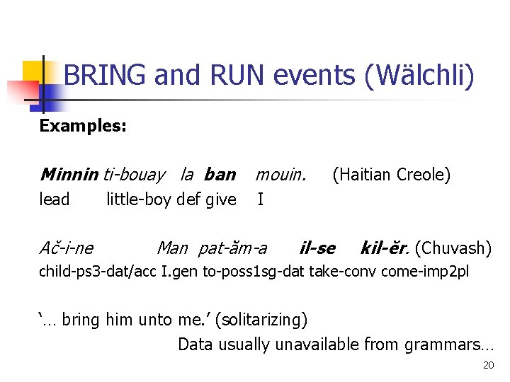 BRING and RUN events (Wälchli) Examples: Minnin ti-bouay la ban mouin. lead I Ač-i-ne