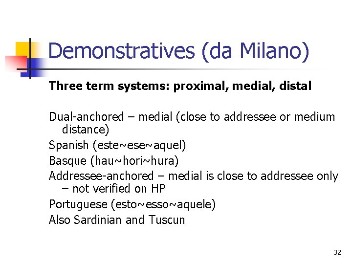 Demonstratives (da Milano) Three term systems: proximal, medial, distal Dual-anchored – medial (close to