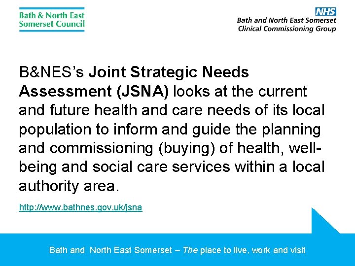 B&NES’s Joint Strategic Needs Assessment (JSNA) looks at the current and future health and