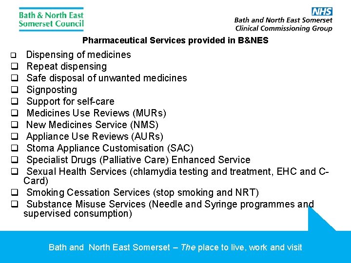 Pharmaceutical Services provided in B&NES q q q q Dispensing of medicines Repeat dispensing